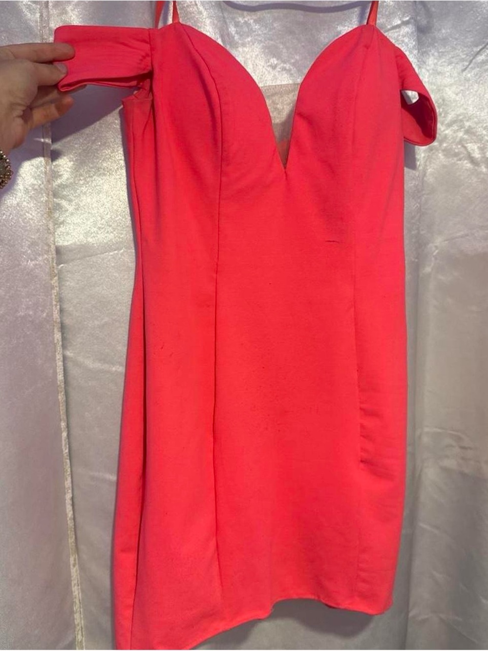 Off-Shoulder Coral Mini Dress with Plunging V-Neck